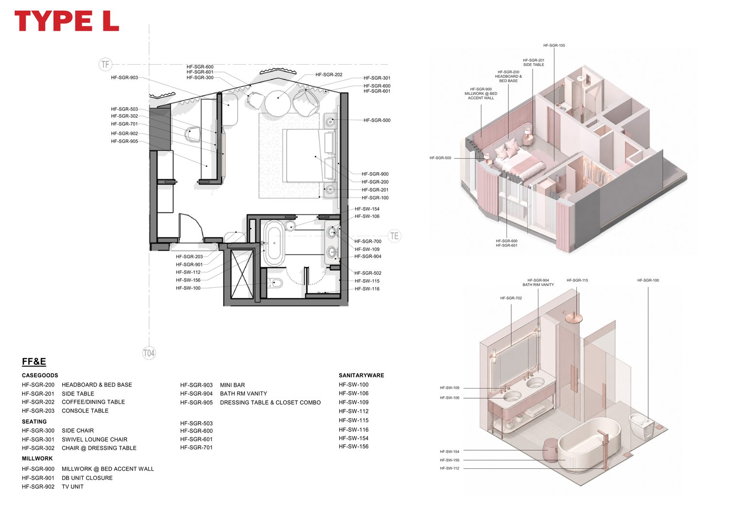 Guest room Type L — plan, 3D and FF&amp;E schedule