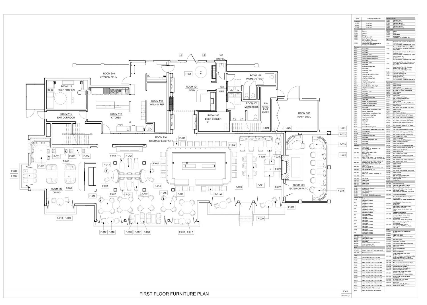 First Floor Furniture Plan with full item schedules