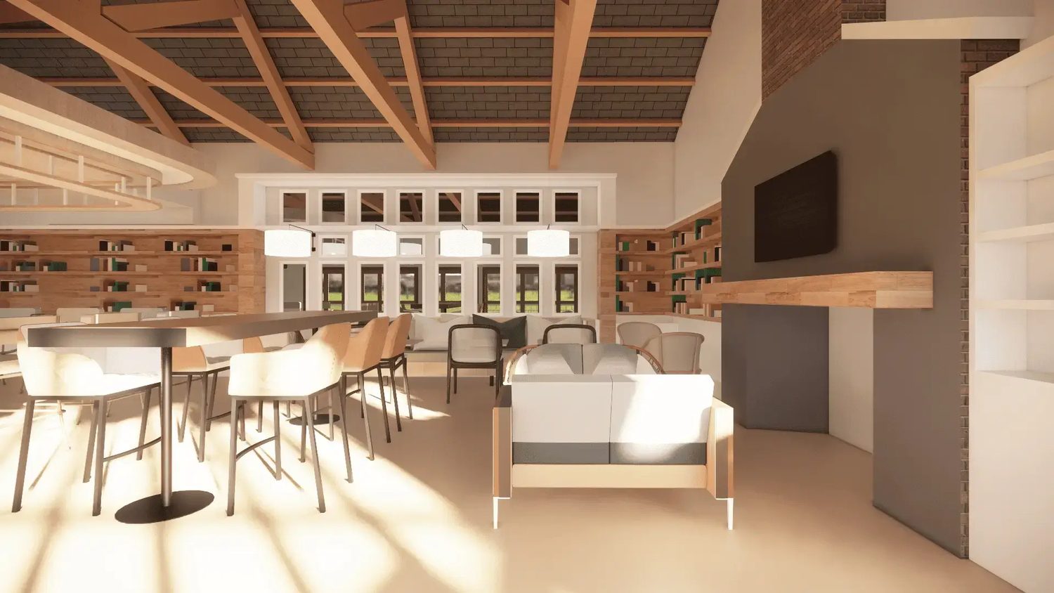 Interior render — banquette seating under timber ceiling