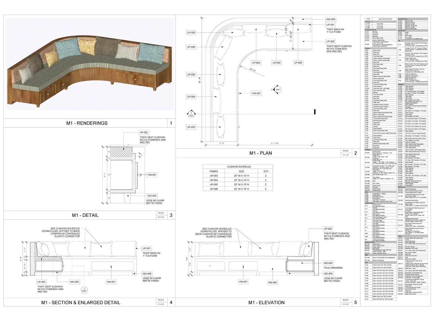 M1 banquette — rendering, plan, section, enlarged detail, elevation