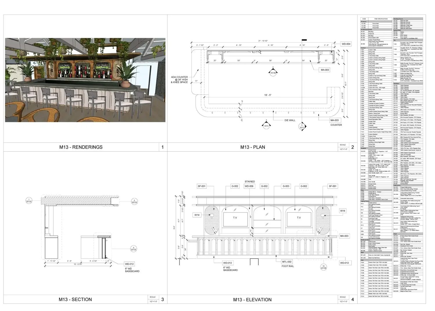 M13 bar — rendering, plan, section, elevation