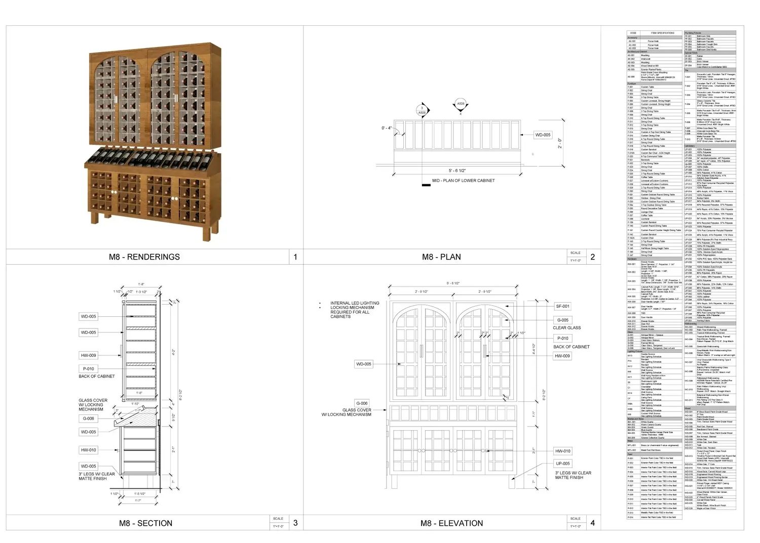 M8 wine rack — rendering, plan, section, elevation
