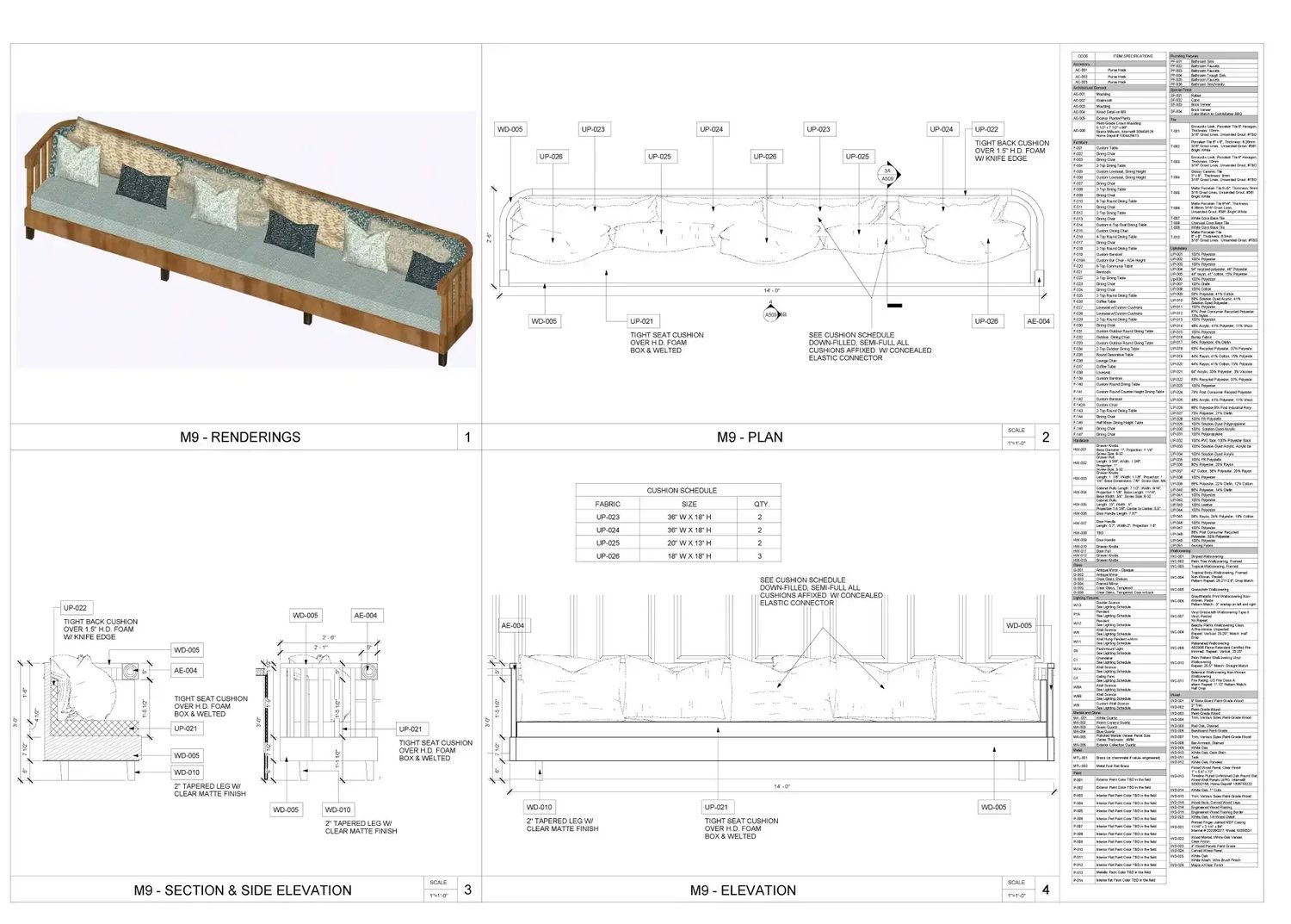 M9 banquette — rendering, plan, section and side elevation