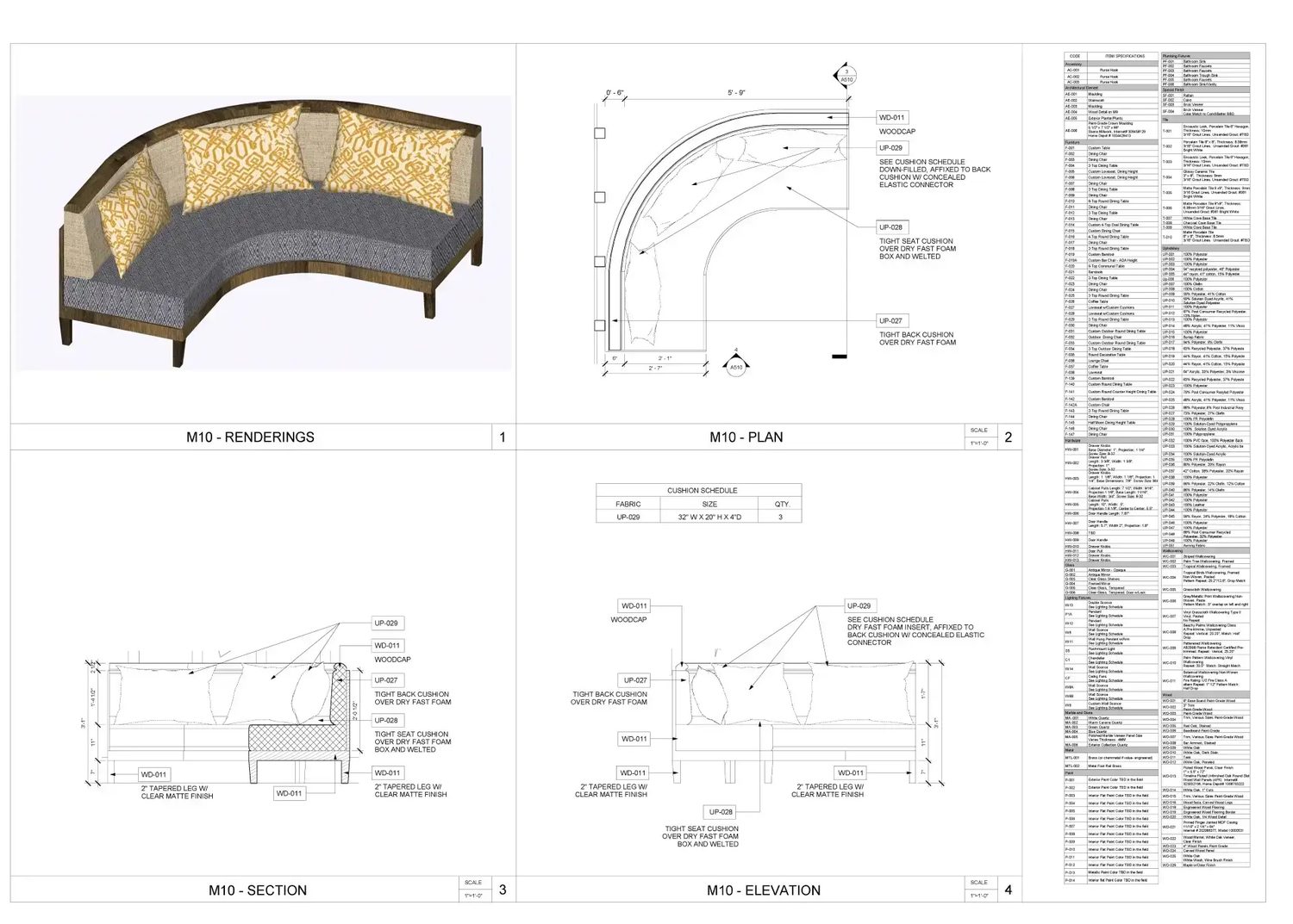 M10 curved banquette — rendering, plan, section, elevation