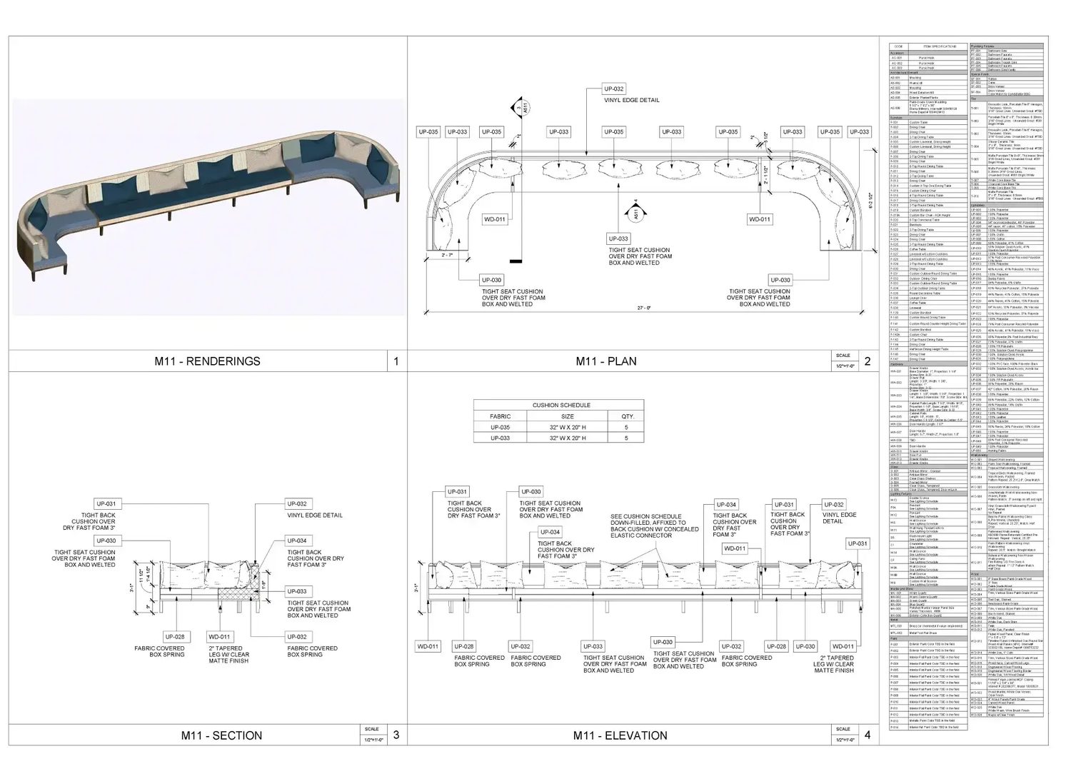 M11 banquette — rendering, plan, section, elevation