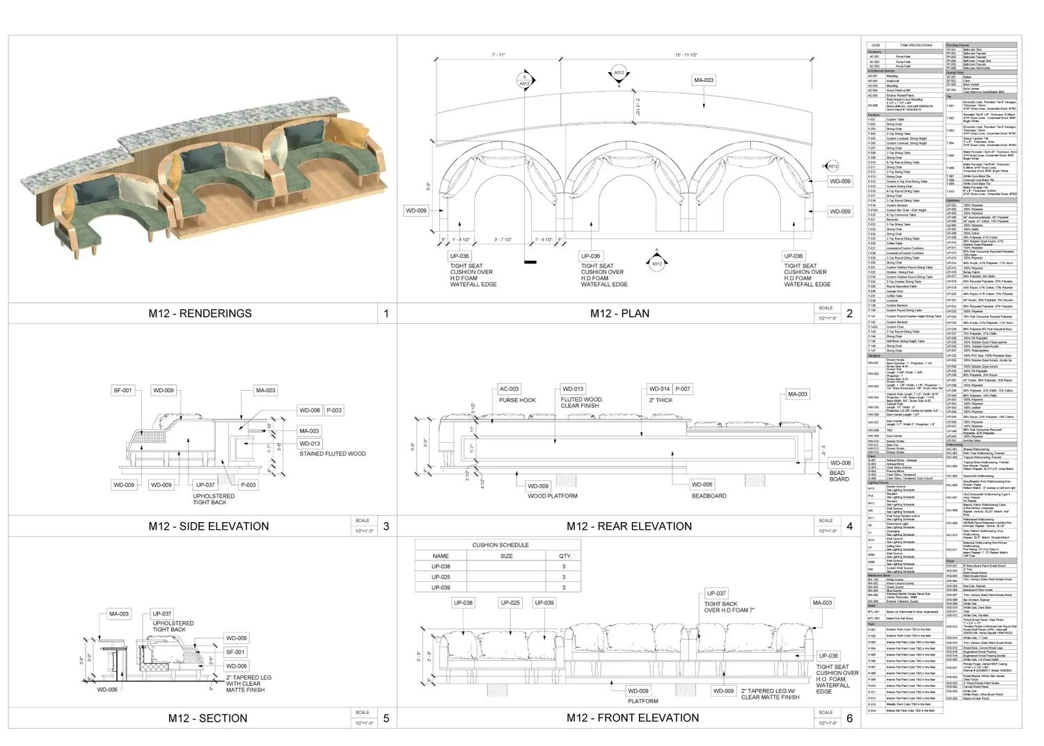 M12 banquette — renderings, plan, front/side/rear elevations, section