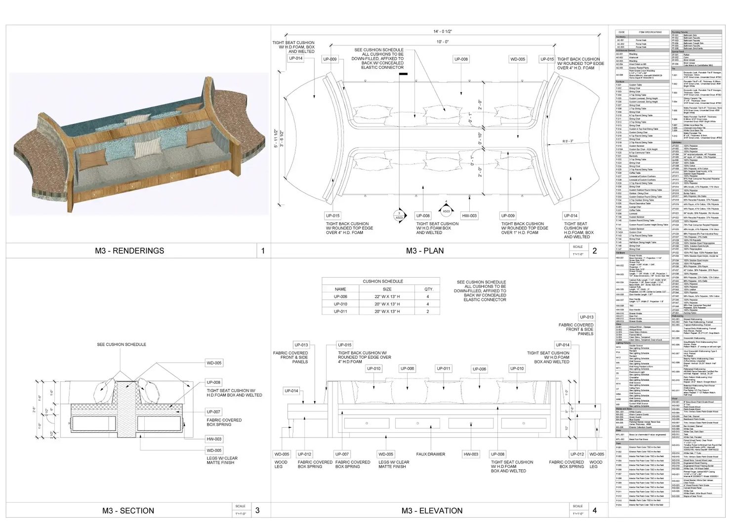 M2 banquette — rendering, plan, section, elevation