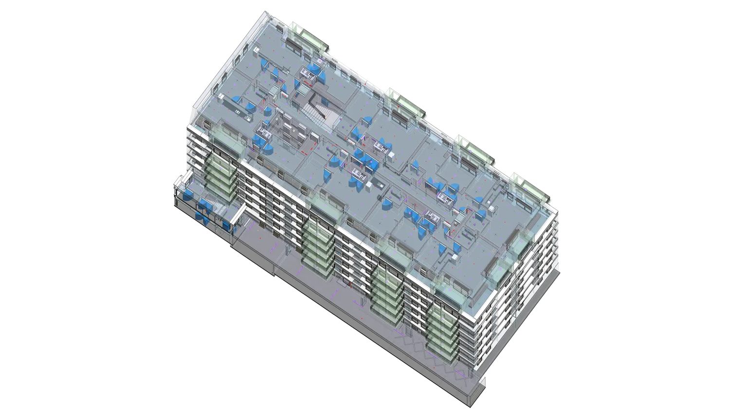 Apartment-level axonometric — layouts with the roof removed