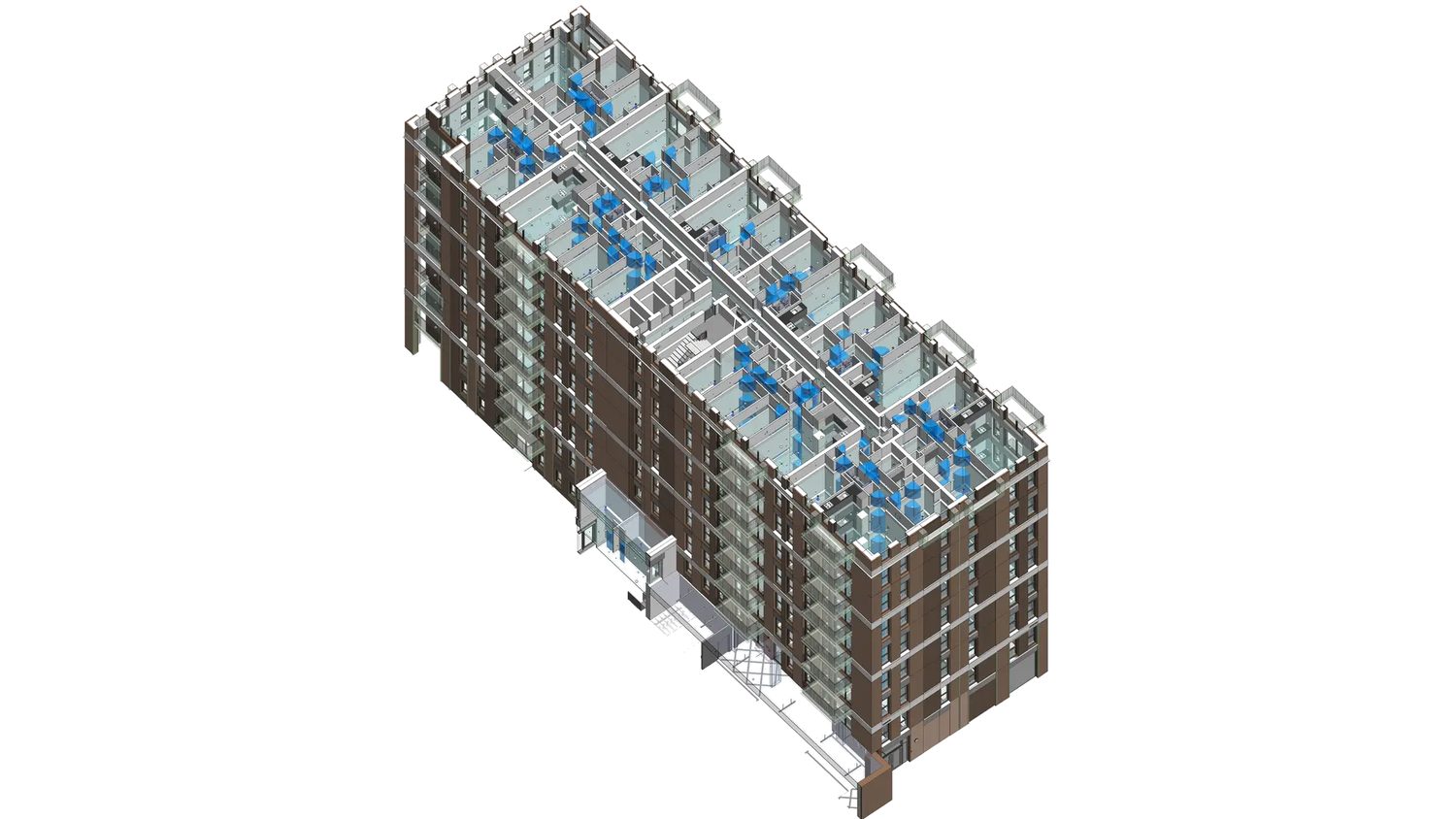 Brick-clad block — facade, floors and balconies