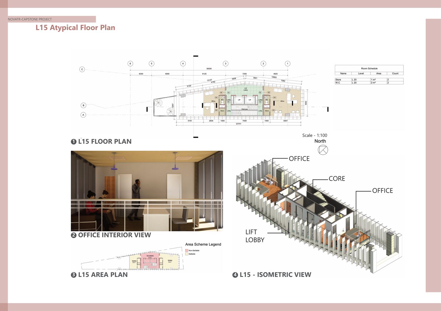 L15 atypical floor plan — plan, area plan, isometric and interior view