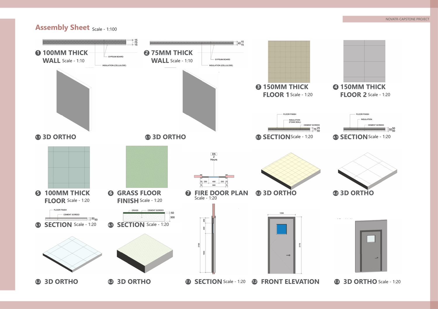 Assembly sheet — wall and floor build-ups, fire door, 3D orthographics